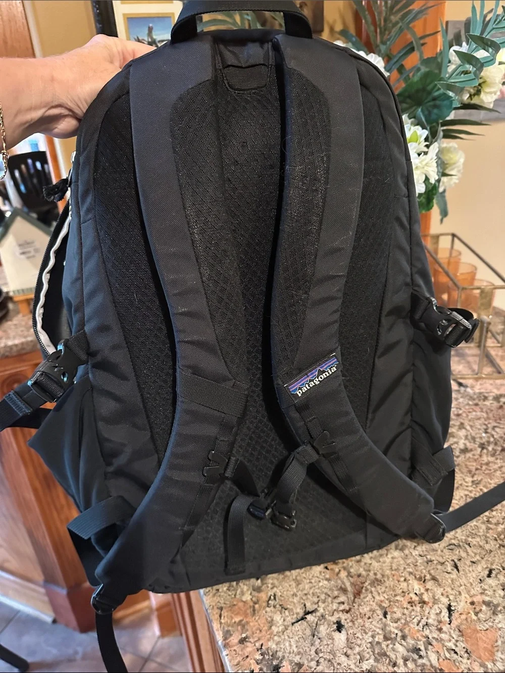 Patagonia Black Backpack with Gray Bungee Cord